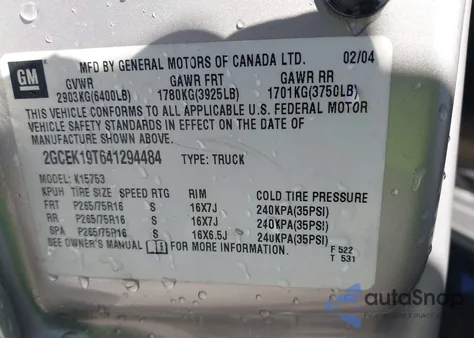 2004 Chevrolet Silverado 1500 Ls from USA, damaged, VIN 2GCEK19T641294484